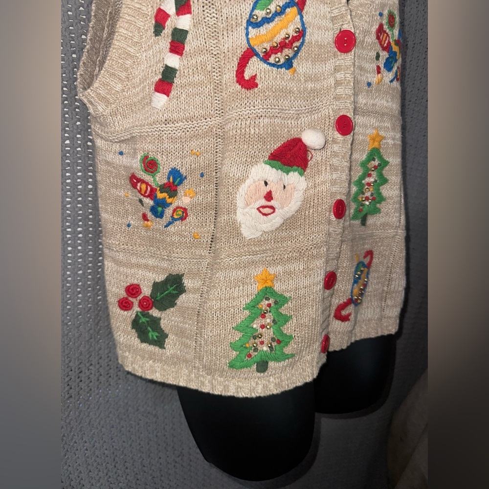 Vintage White Stag Large Festive Whimsical Christmas Sweater Vest Santa Tree - Picture 5 of 7